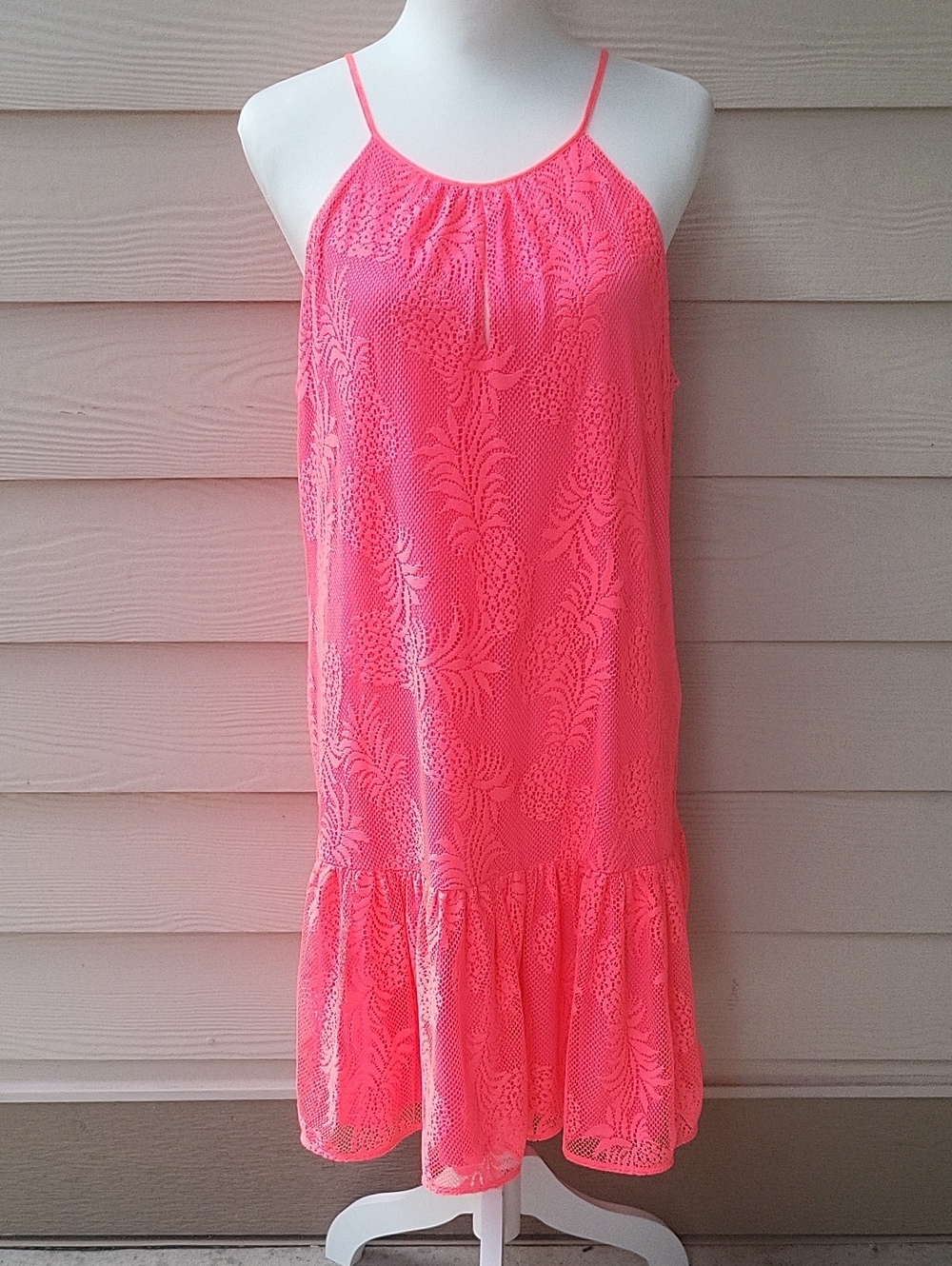 NWT Lilly Pulitzer Isabeau Shift Dress Neon Pink Lace Overlay Mini Dress Size L